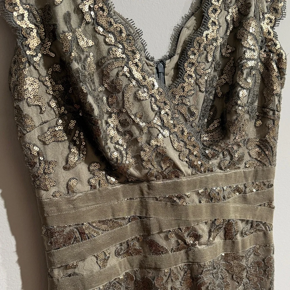 TADASHI SHOJI Women 12 Green Metallic Sequin Lined Elegant Lace Cap Sleeve Dress